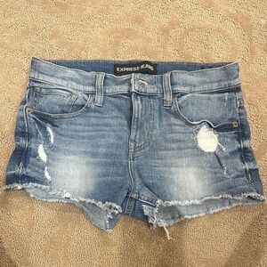 Express Women's Ripped Light Blue Denim Shorts